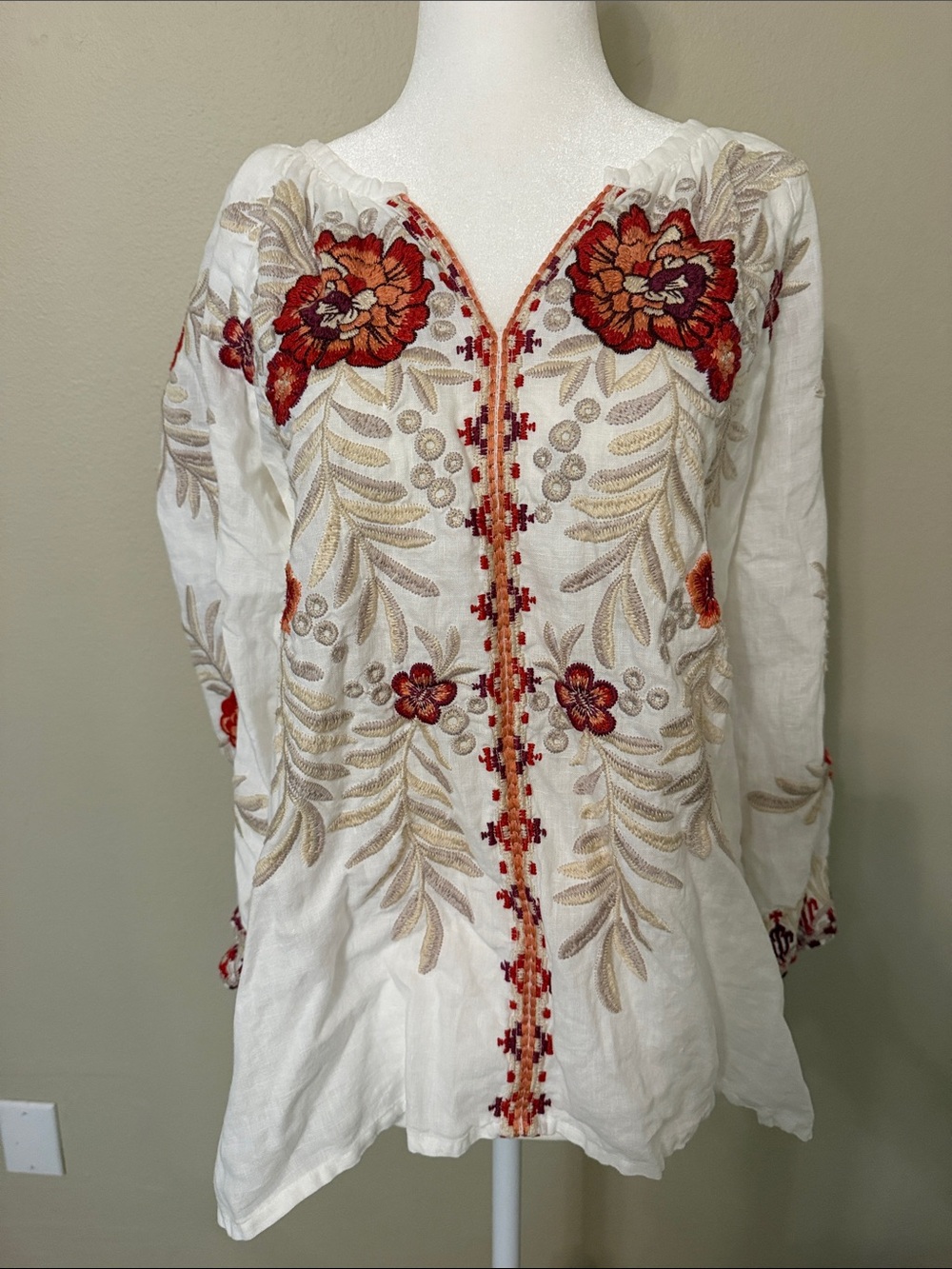 Johnny Was White Tunic with Red and Tan Floral Embroidery
